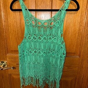 Embroidered Knit Green Beach Tank Cover Up